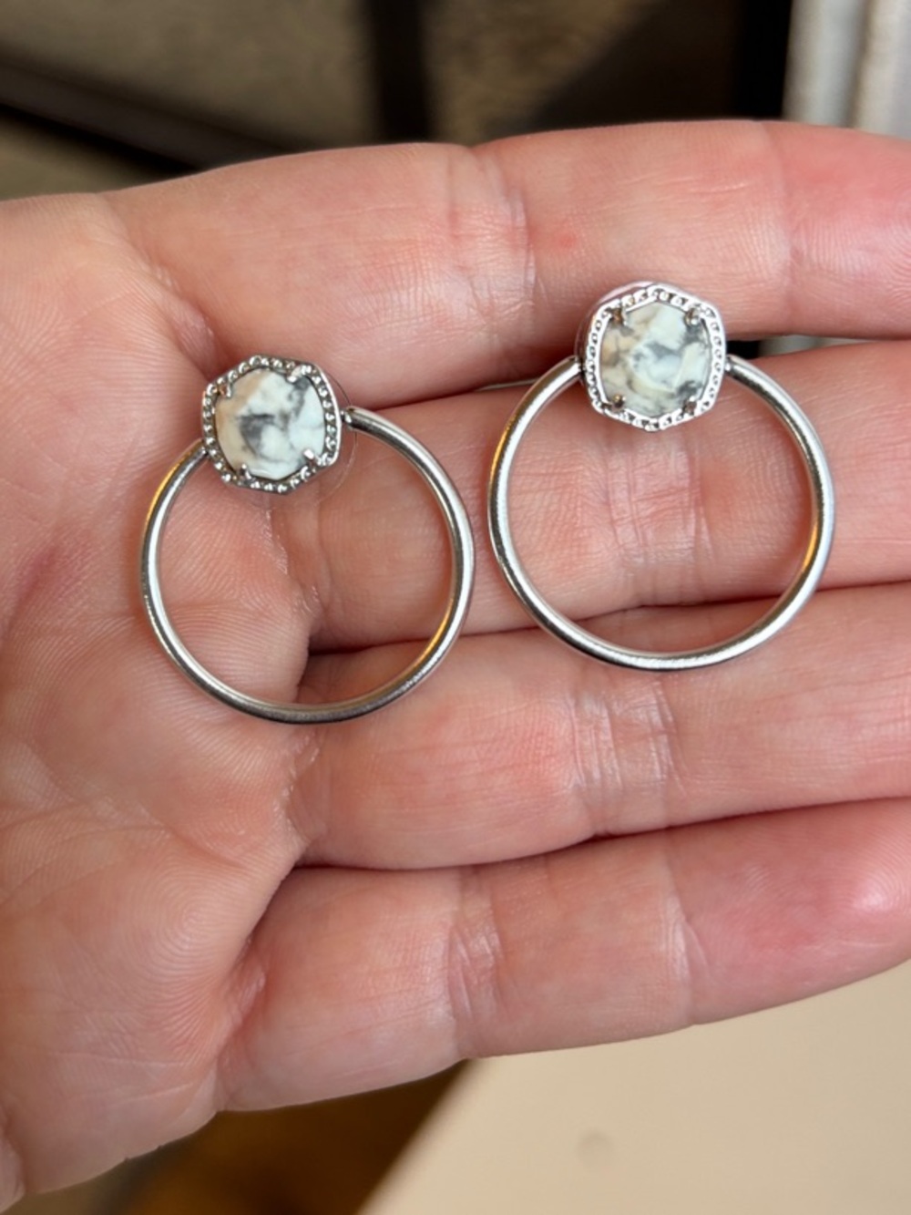 Kendra Scott Silver Hoop Earrings with White Marbled Stone